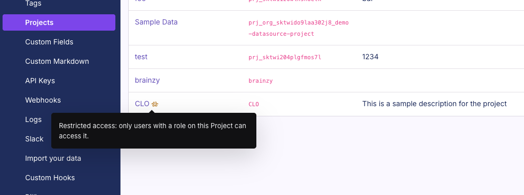 GrowthBook project list showing a restricted project with the access-limited badge