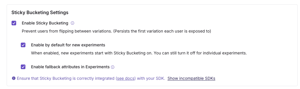 Sticky bucketing enabled per experiment in GrowthBook Targeting settings