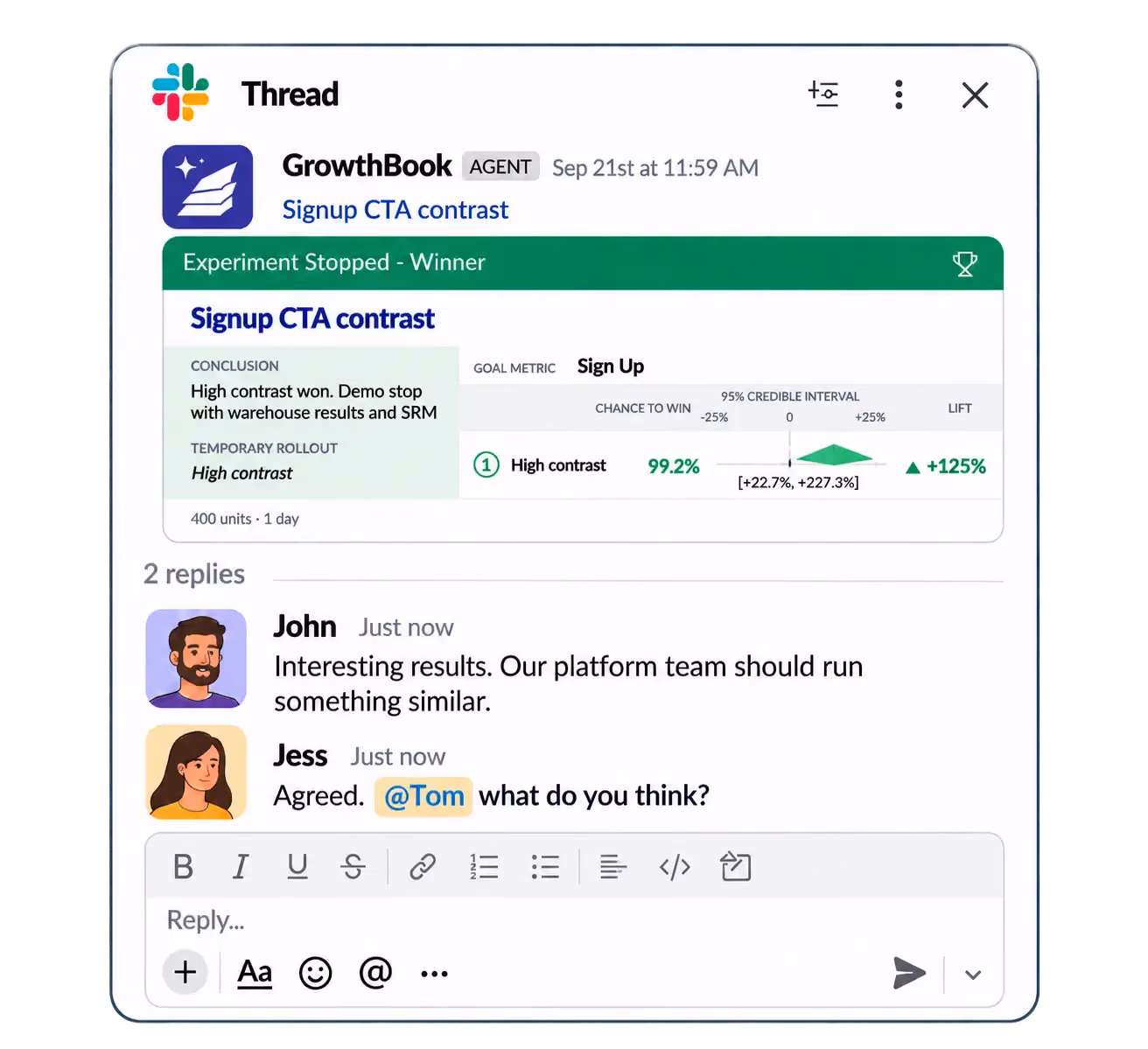 Growthbook Slack app thread for experiment results