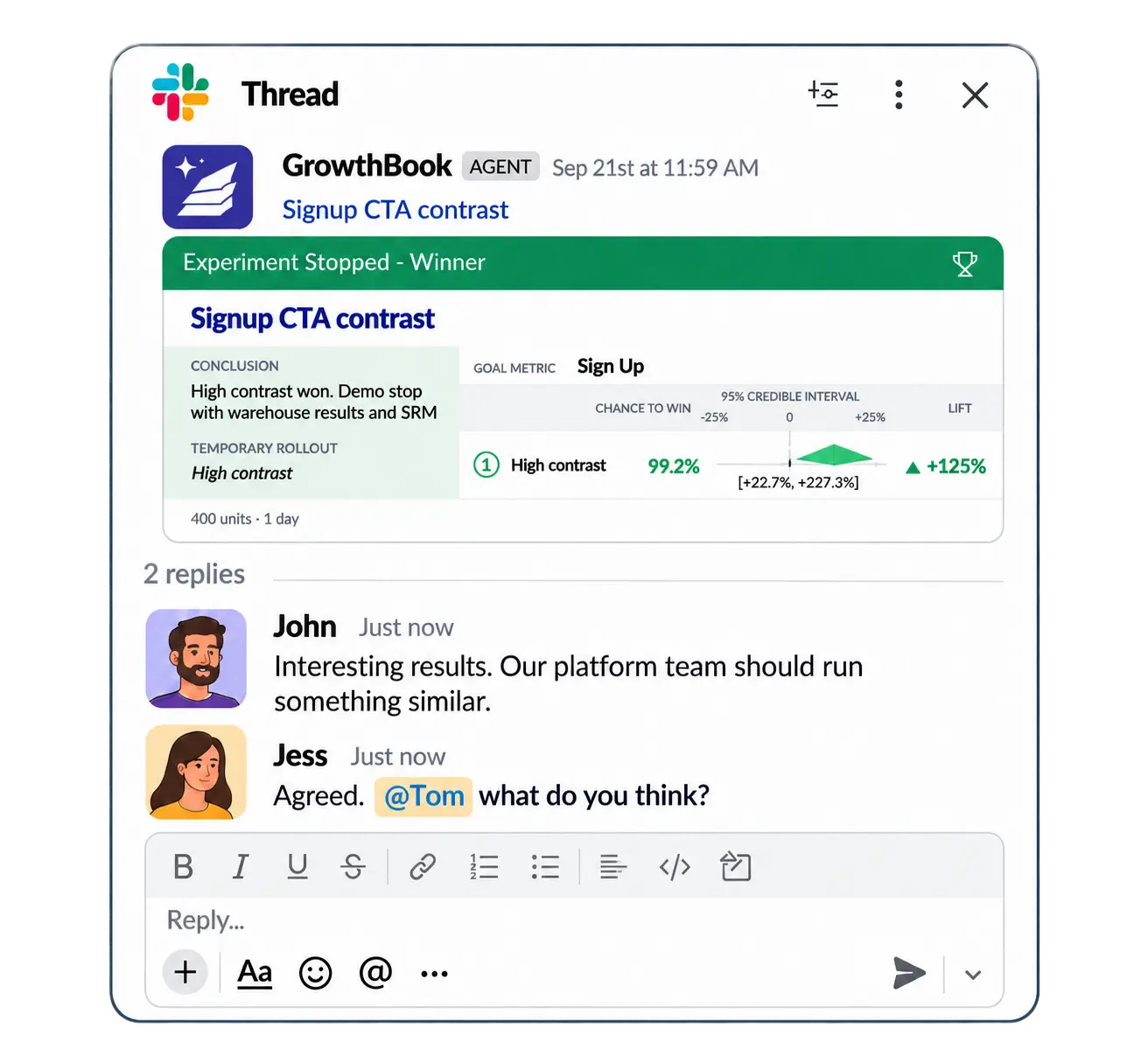 Growthbook Slack app thread for experiment results