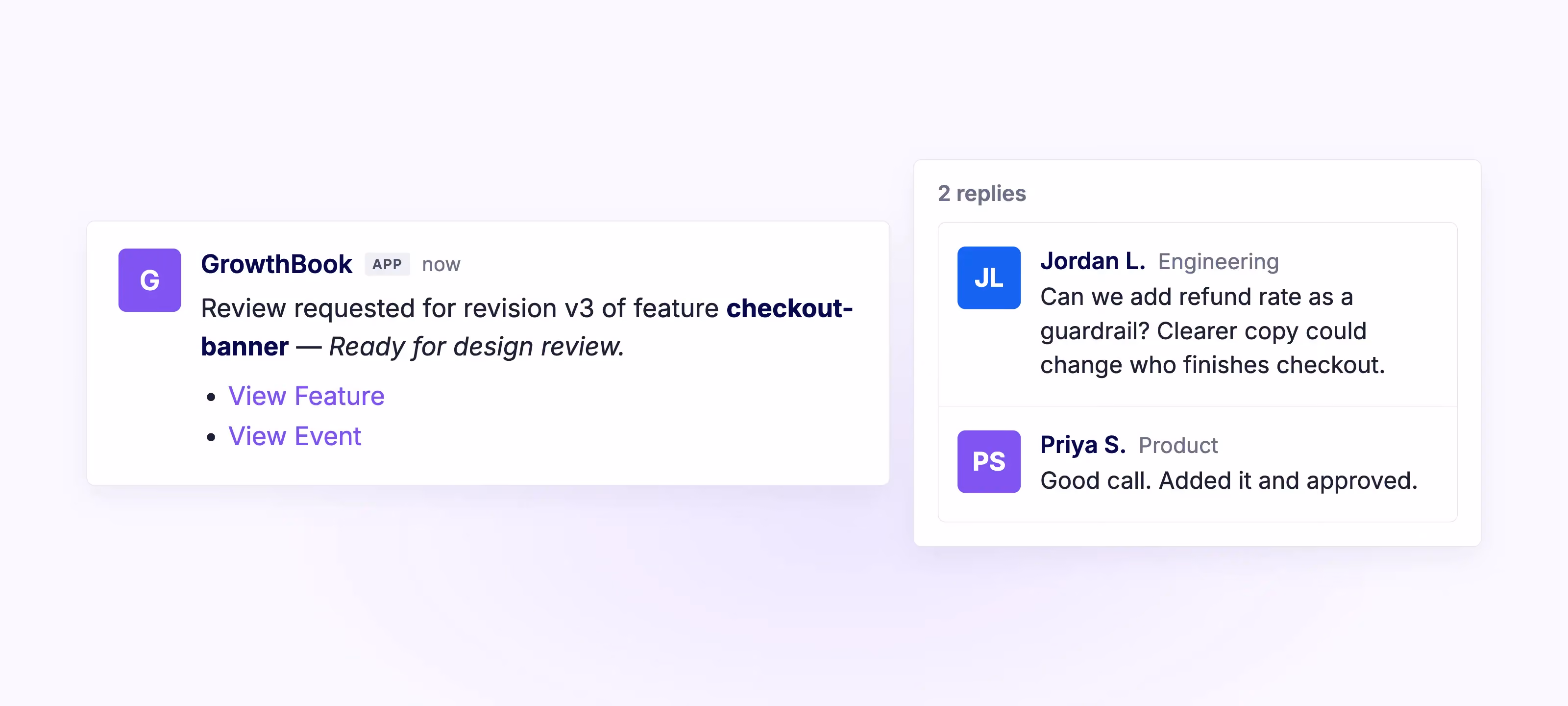 Growthbook Slack app notification for a new review request