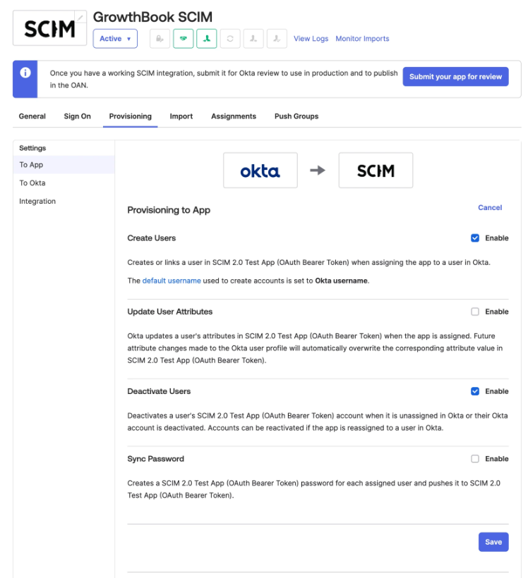 Okta SCIM provisioning settings for GrowthBook with Create Users and Deactivate Users enabled