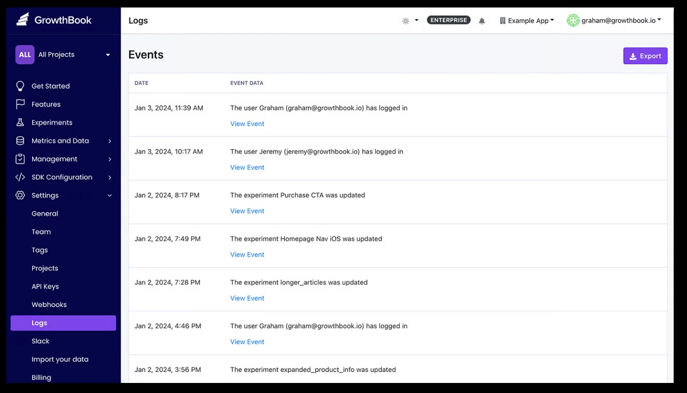 GrowthBook audit log listing timestamped events for user logins and experiment updates, with an Export button