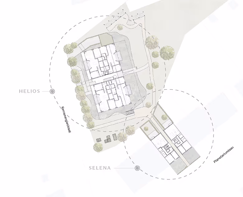 Architecturaal inplantingsplan van nieuwbouwproject Planeta in Wilrijk met de twee gebouwen Helios en Selena, omringende bomen en paden, gelegen aan de Korenmeergrachtstraat en Planetariumlaan.