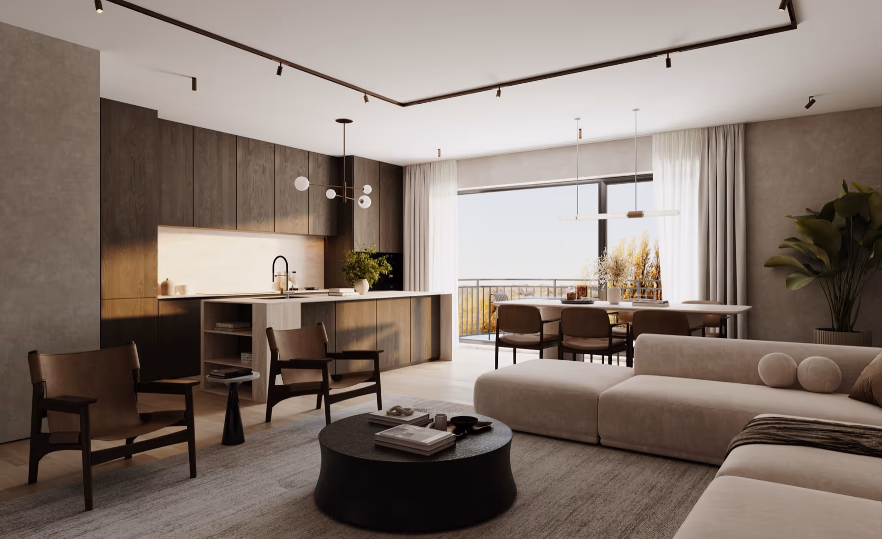 Moderne open keuken en leefruimte van nieuwbouwproject Planeta in Wilrijk met donkerhouten kasten, beige hoekzetel, ronde zwarte salontafel en eethoek bij groot raam.