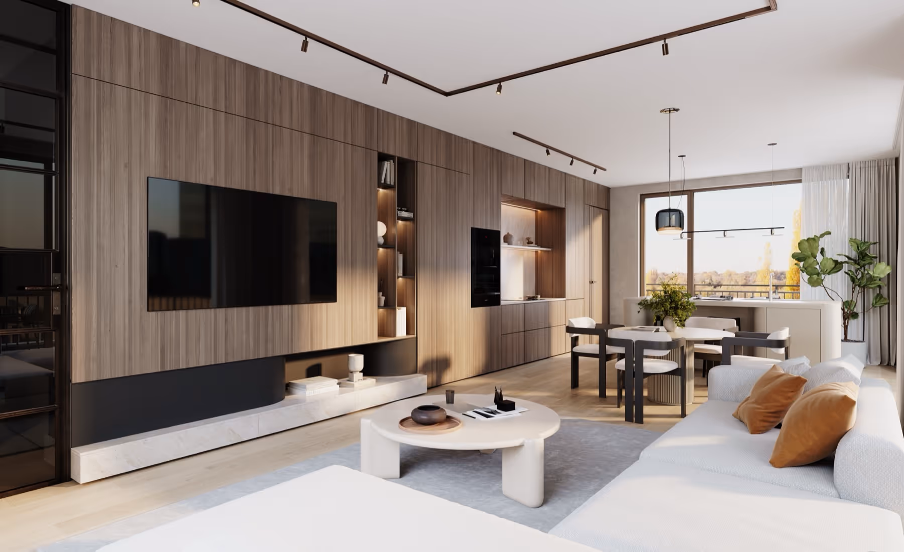 Moderne leefruimte van nieuwbouwproject Planeta in Wilrijk met wandgemonteerde tv, houten panelenwand, witte sofa met bruine kussens, ronde salontafel en eethoek bij hoge ramen.