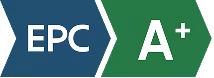 EPC label with a dark blue arrow containing 'EPC' pointing to a green arrow with 'A+' rating.