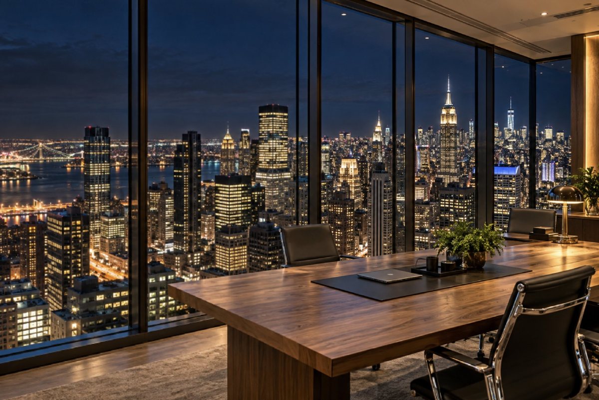 Conference room overlooking Manhattan at night