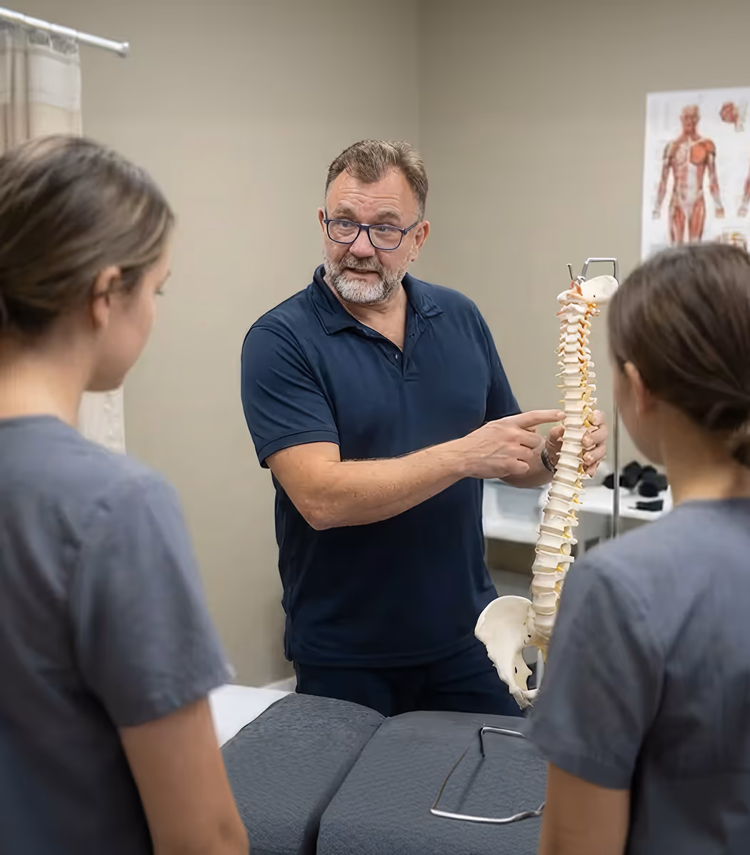 Jonathan Gleed explains spine model to two students in clinical education setting.