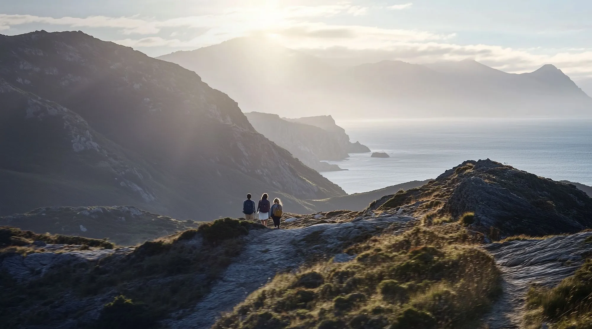 Drei Personen stehen auf Hügel und schauen in der Abenddämmerung aufs Meer und Felsen.
