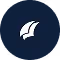 White feather icon on a dark blue circular background.