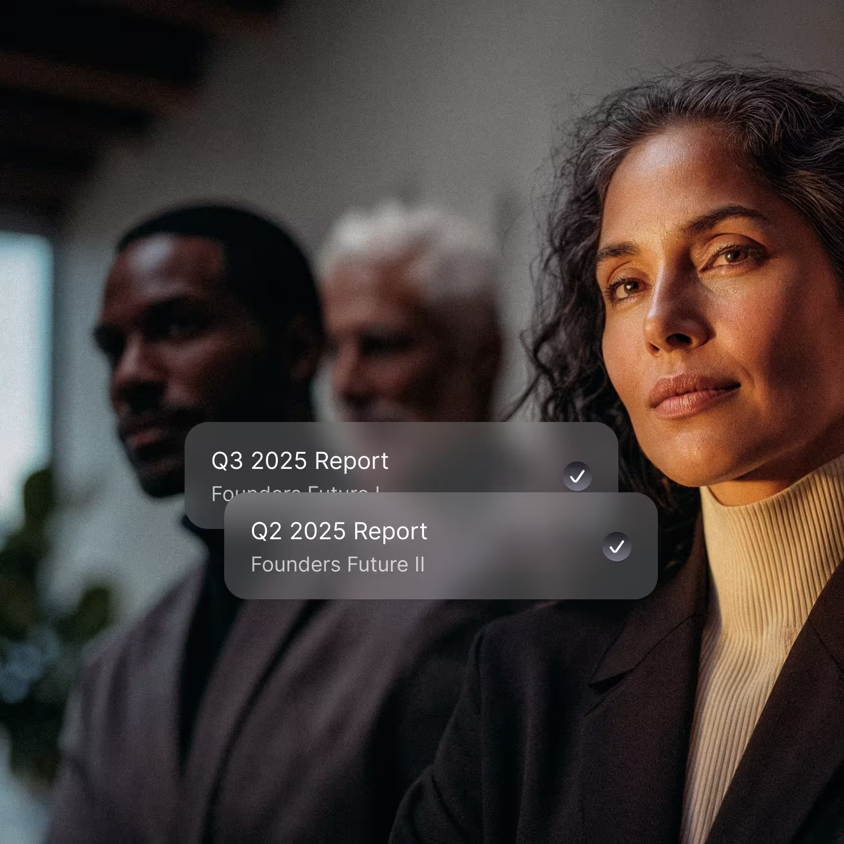 Confident woman and two blurred men in business attire with overlaid text boxes listing Q3 2025 and Q2 2025 Reports.