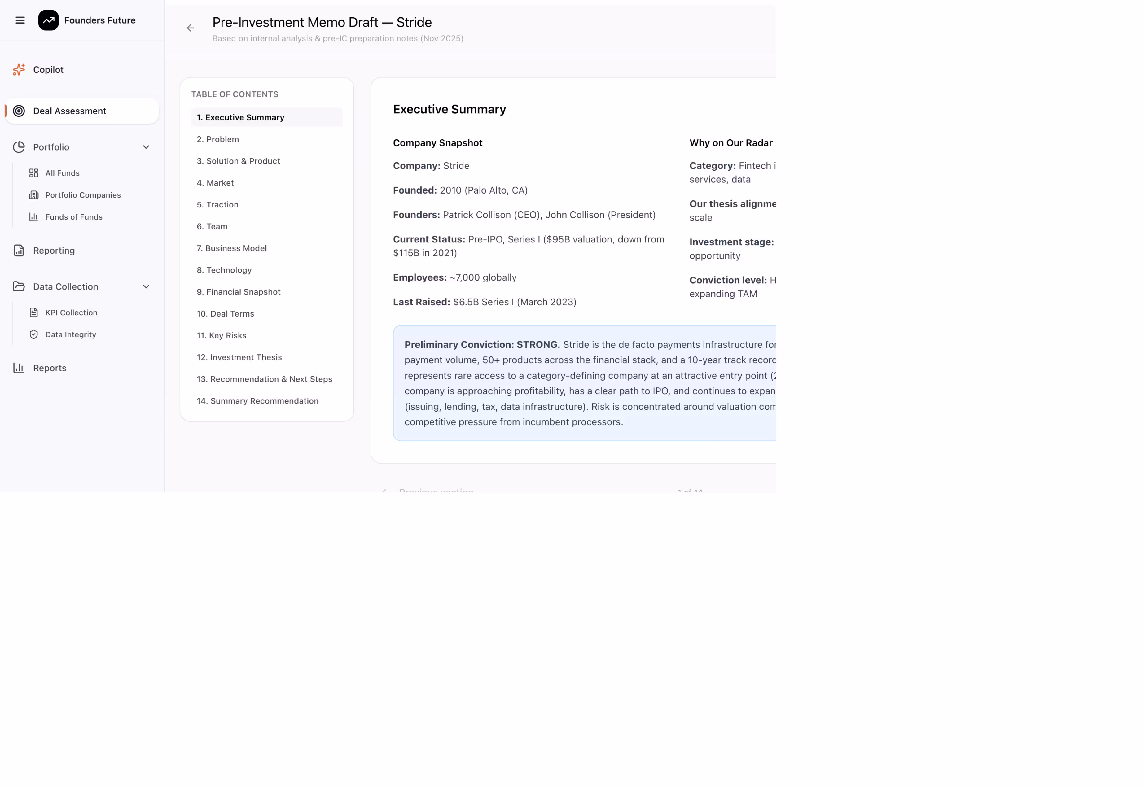 User interface of a pre-investment memo draft for Stride by Founders Future, showing a table of contents and an executive summary with company snapshot and investment insights.