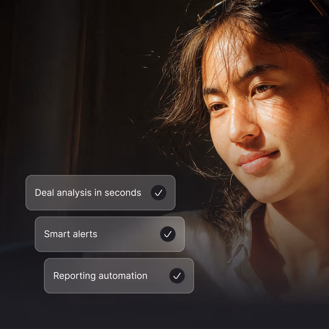 Close-up of a woman with sunlight on her face beside text boxes reading 'Deal analysis in seconds,' 'Smart alerts,' and 'Reporting automation,' each with a checkmark.