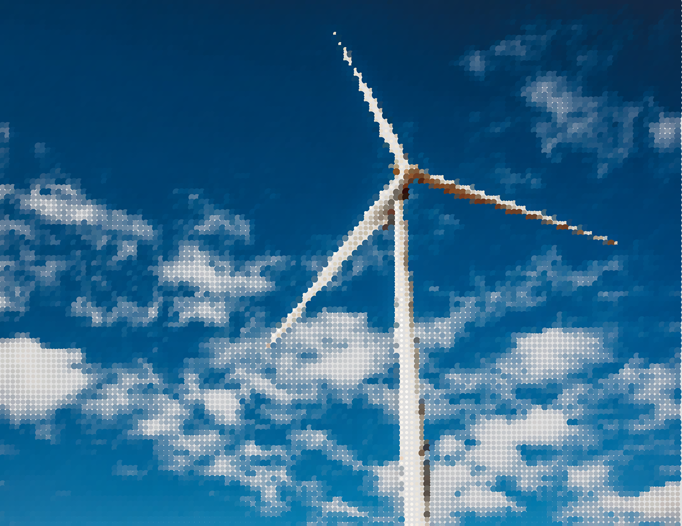 Close-up of a wind turbine with a blue sky and scattered white clouds background.
