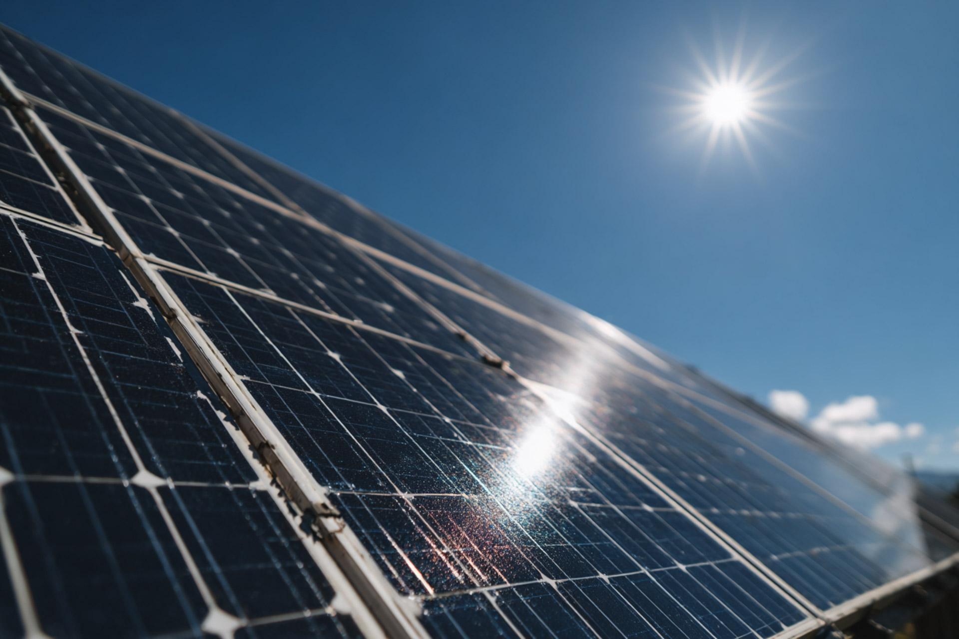 Close-up of solar panels angled toward bright sun in a clear blue sky.