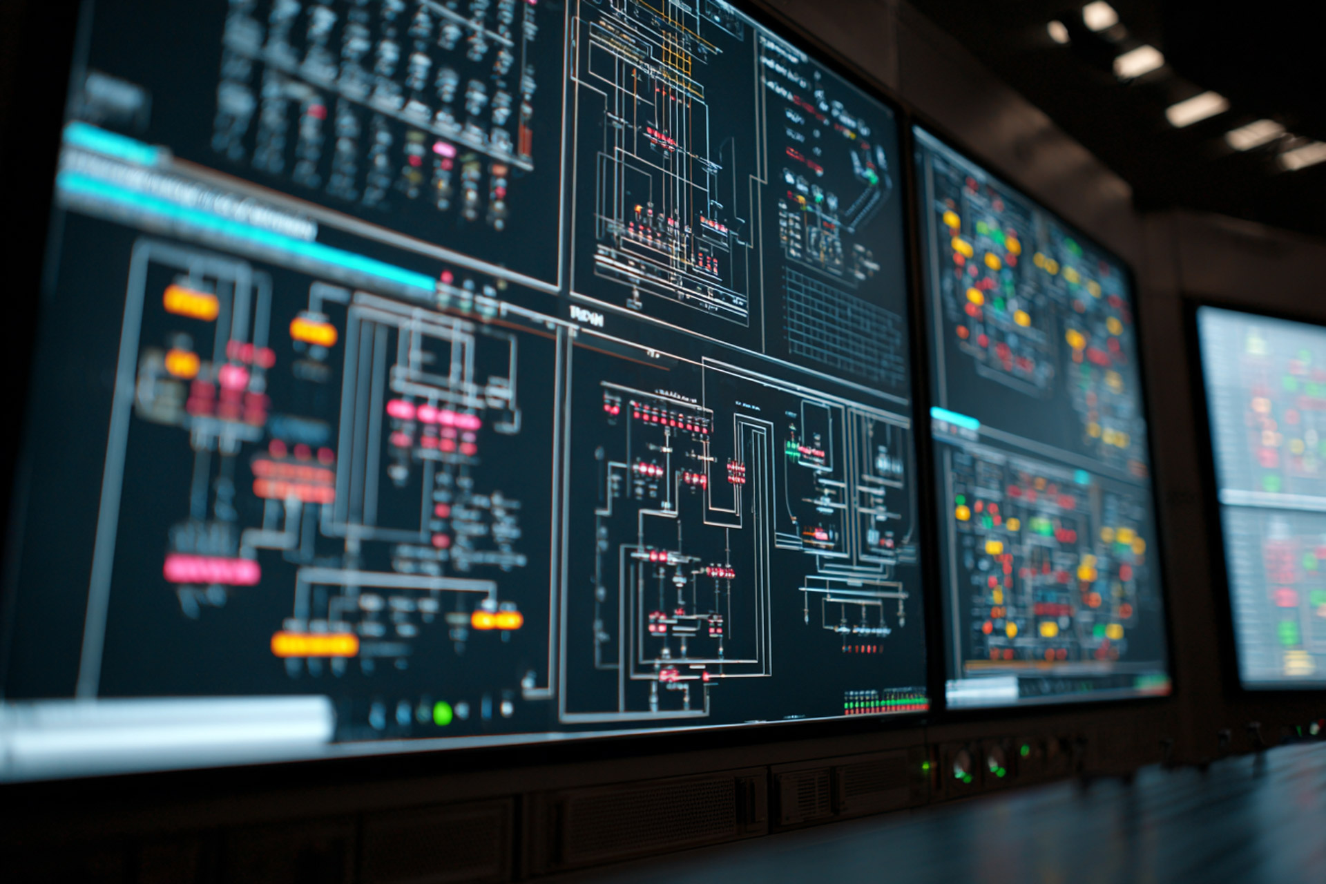 Multiple large computer screens displaying complex system diagrams and data visualizations in a control room.