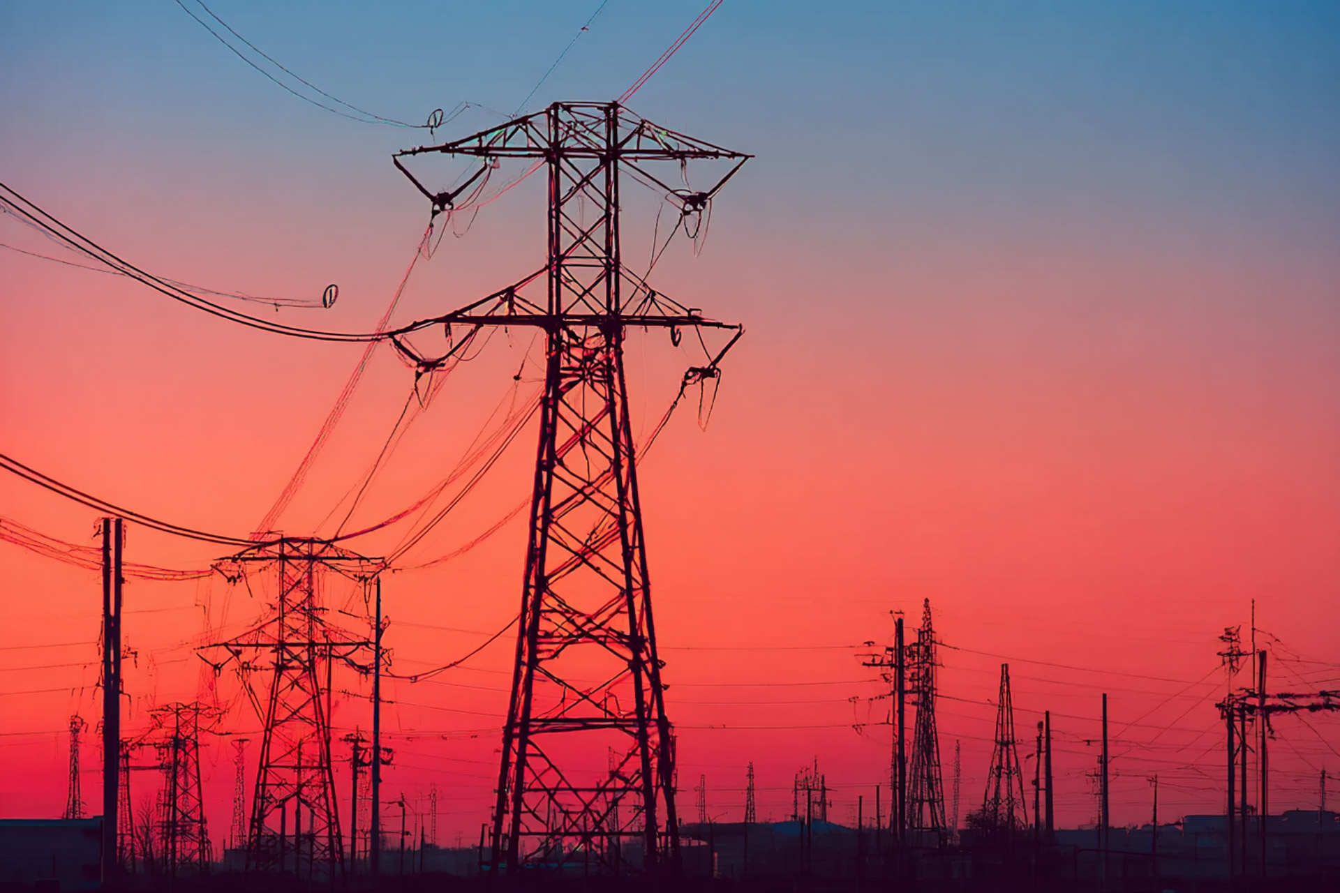Silhouettes of multiple electrical transmission towers and power lines against a vibrant red and blue sunset sky.