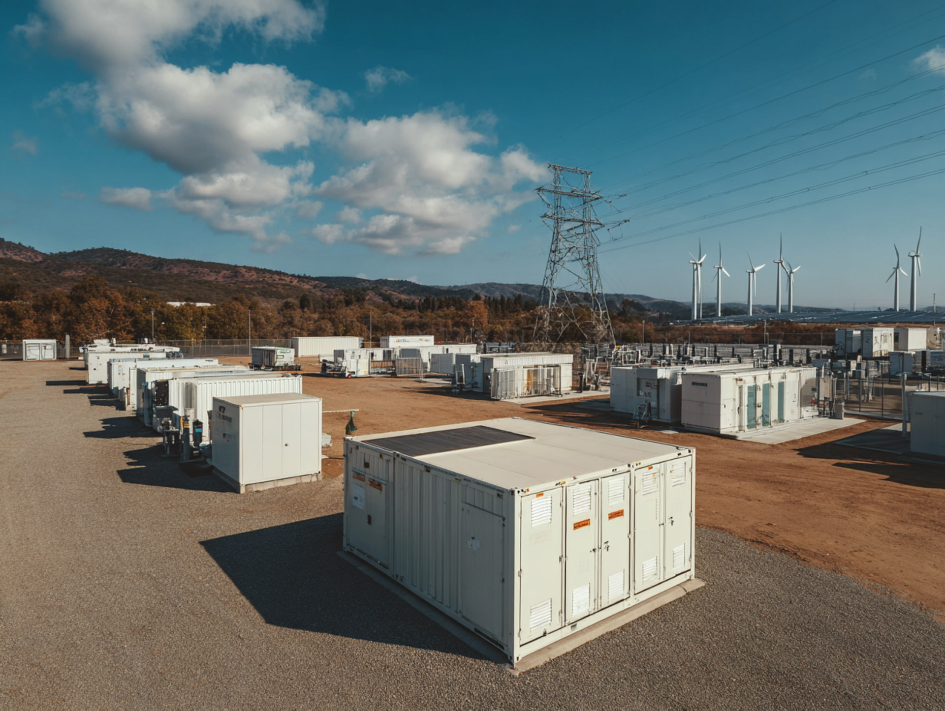 Energy storage facility with rows of large white battery containers, transmission tower, and wind turbines on a sunny day.