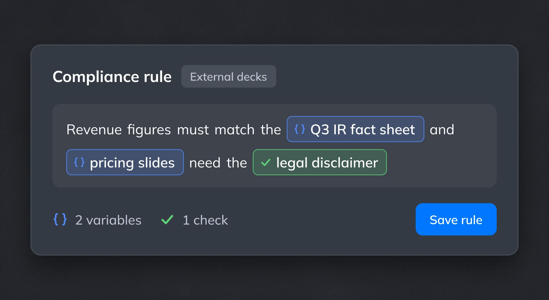 Company requirements translated into variables, components and rules