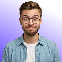 Man with glasses and beard making a skeptical expression against a purple gradient background.