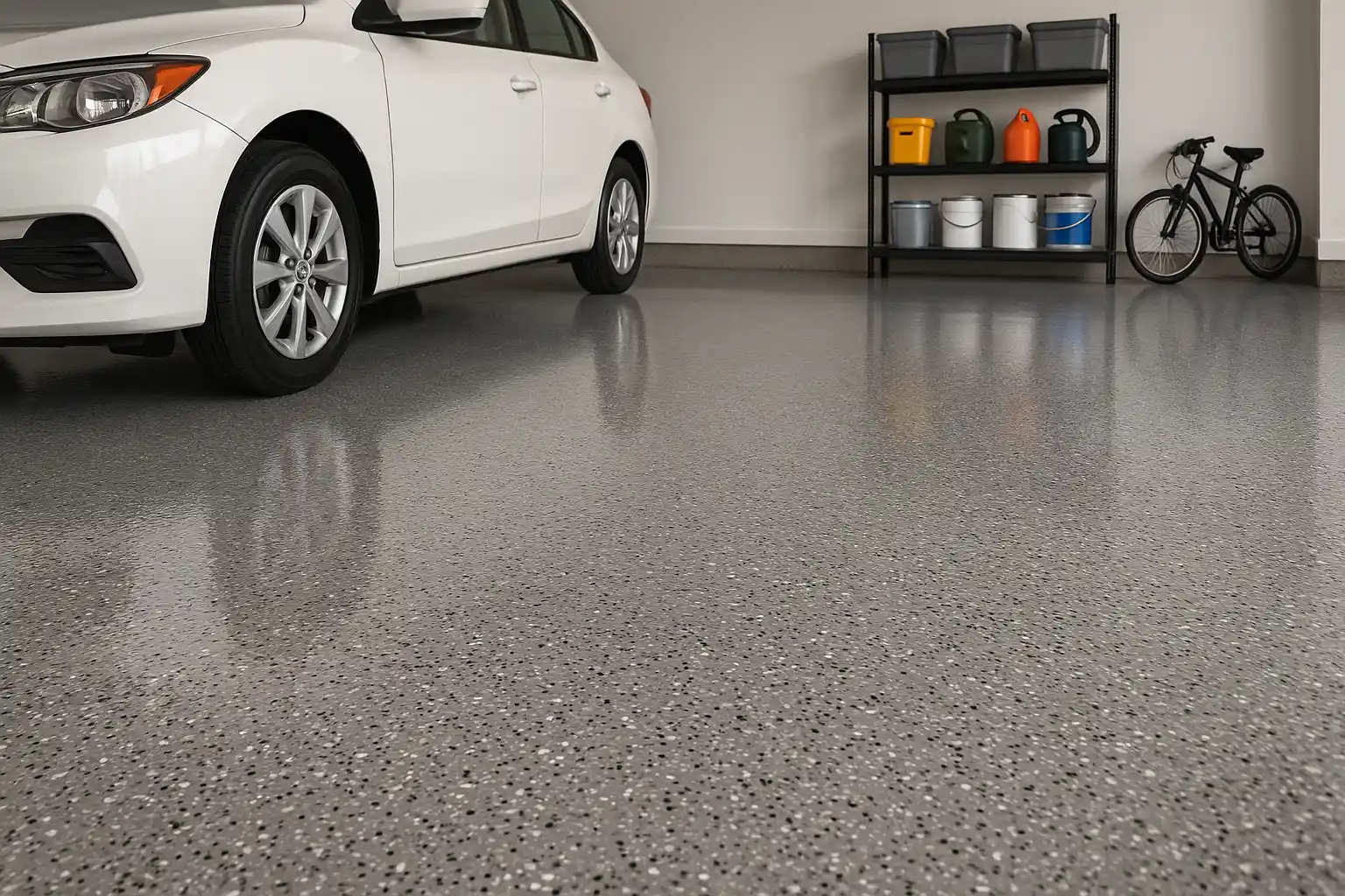 White car parked on a freshly coated gray speckled epoxy garage floor with shelves and a bicycle in the background.