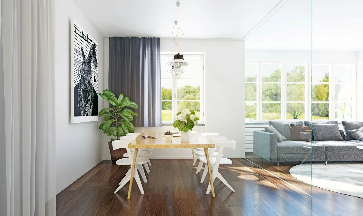 Bright dining room with a wooden table surrounded by white chairs, a green plant, a window with dark curtains, and a modern gray sectional sofa in the adjacent living room separated by glass.