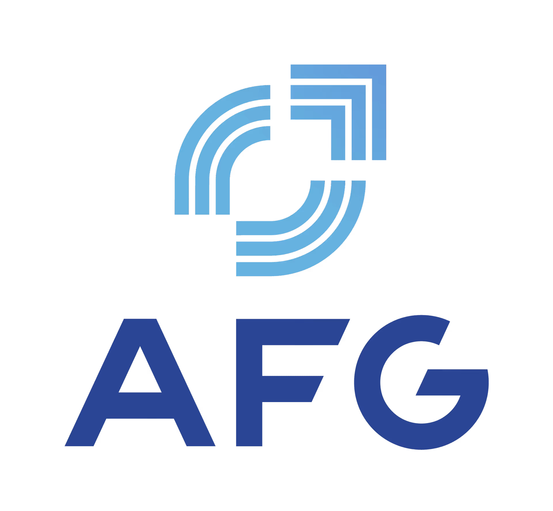 Logo AFG avec un symbole géométrique bleu clair au-dessus des lettres AFG en bleu foncé.