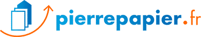 Logo de pierrepapier.fr avec des feuilles et une flèche orange courbée
