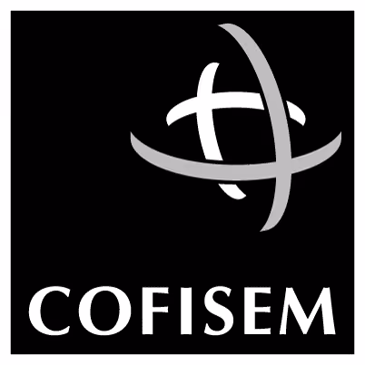 Logo COFISEM avec croix stylisée blanche et arcs gris sur fond noir.