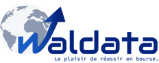 Logo Waldata avec un cercle gris et une flèche bleue ascendante à gauche du texte.