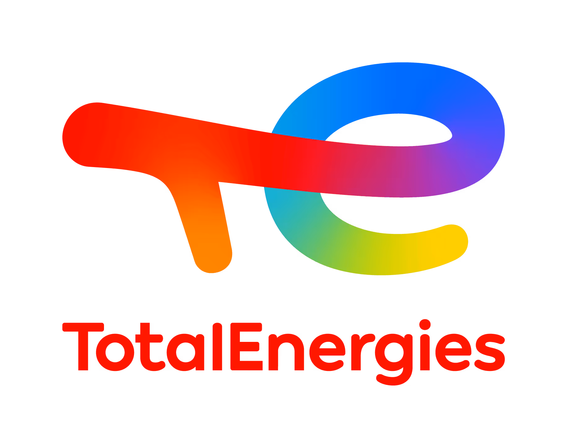 Logo de TotalEnergies avec un T rouge dégradé en orange et un e en dégradé multicolore.