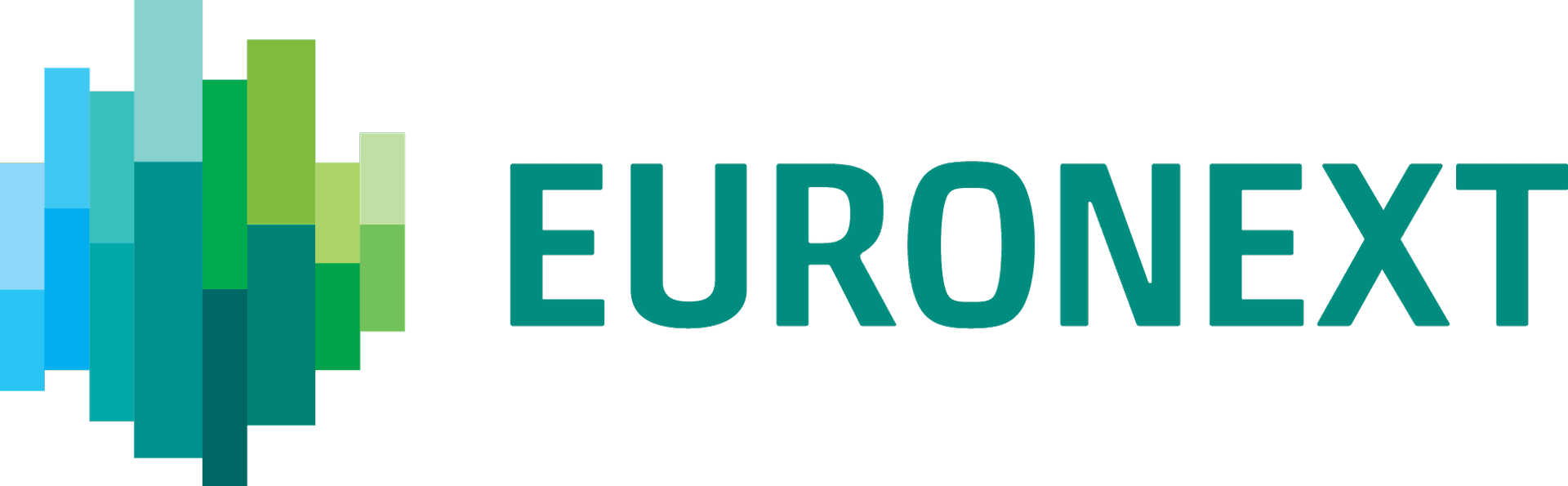 Logo coloré d'Euronext avec des barres verticales en dégradé de bleu et vert à gauche.