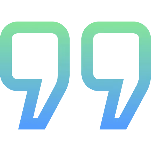 Symbole de guillemets stylisés en biais avec un dégradé de vert à bleu.