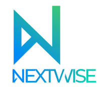 Logo NextWISE en dégradé de bleu à vert sur fond gris.