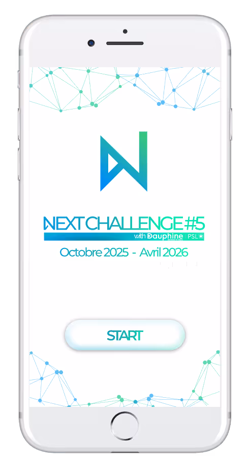 Écran de téléphone montrant Next Challenge #5 avec Dauphine PSL, dates octobre 2025 à avril 2026, bouton démarrer.