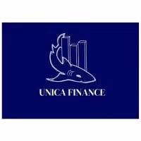 Logo blanc sur fond bleu avec un requin et des barres, texte UNICA FINANCE en dessous.