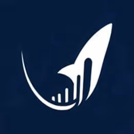 Logo blanc sur fond bleu foncé représentant une fusée et un graphique à barres montant.
