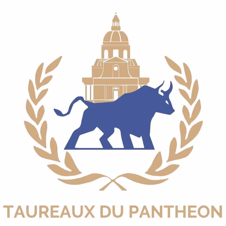 Logo avec un taureau bleu devant un bâtiment beigem clair, entouré de branches de laurier beiges.