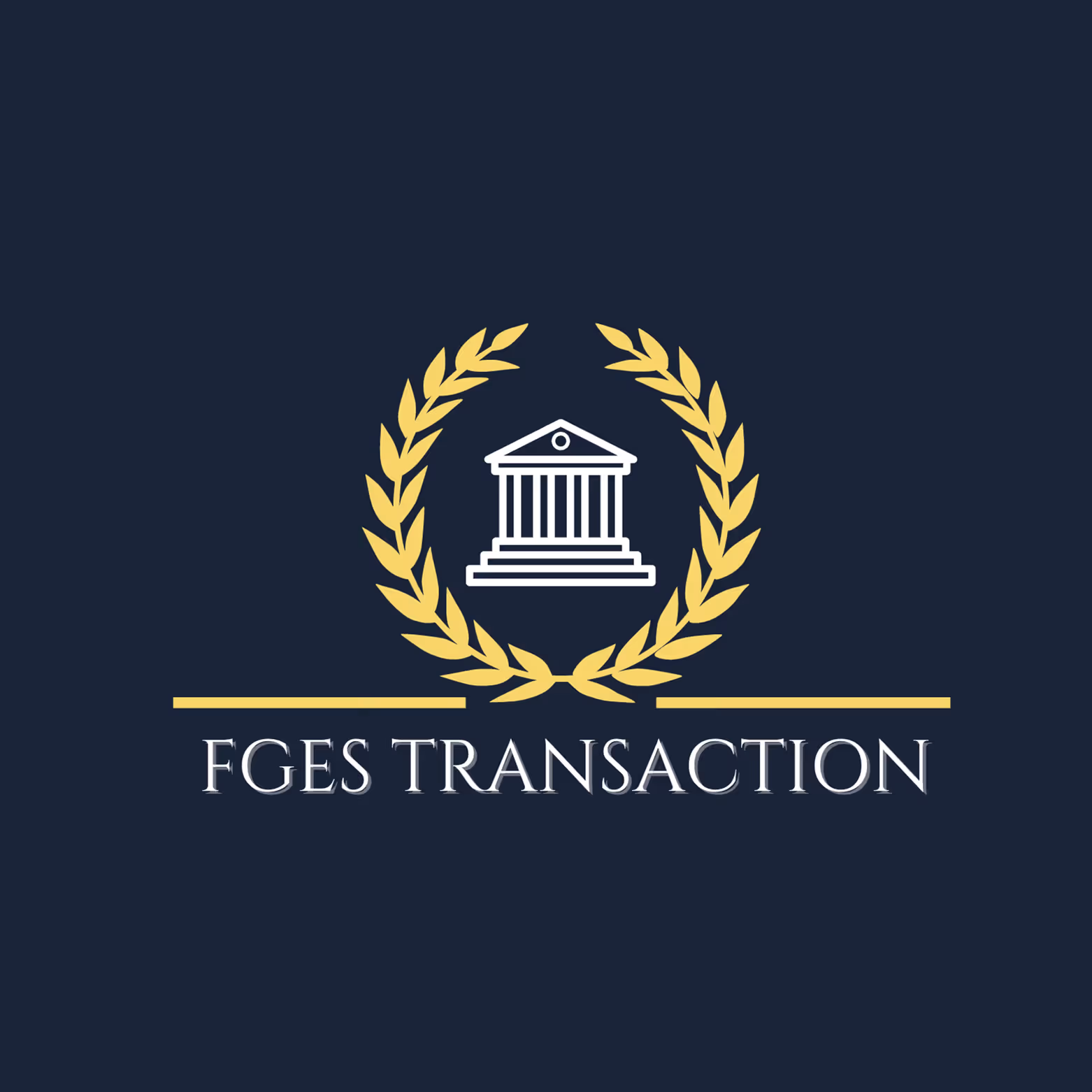 Logo FGES Transaction avec un bâtiment classique entouré de branches de laurier dorées.