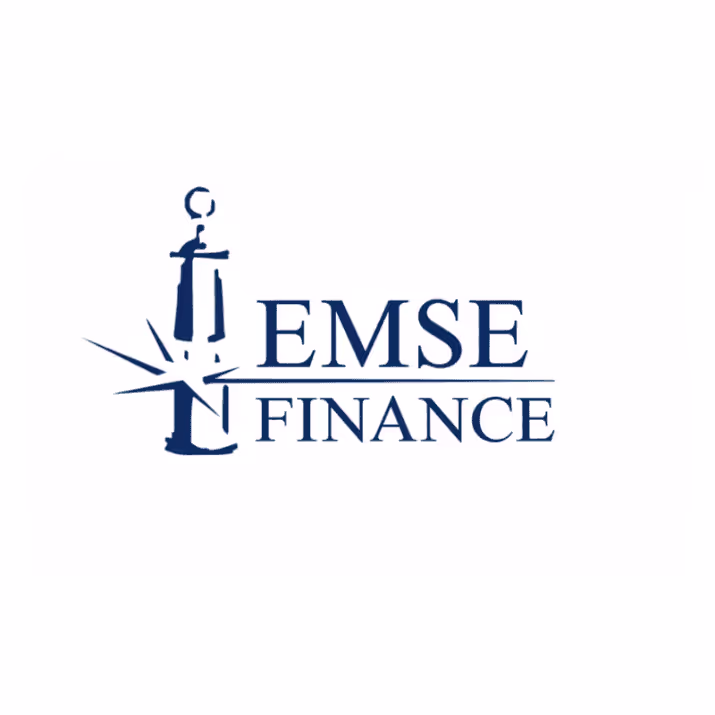 Logo EMSE Finance avec une ancre stylisée et une étincelle bleue à gauche du texte.
