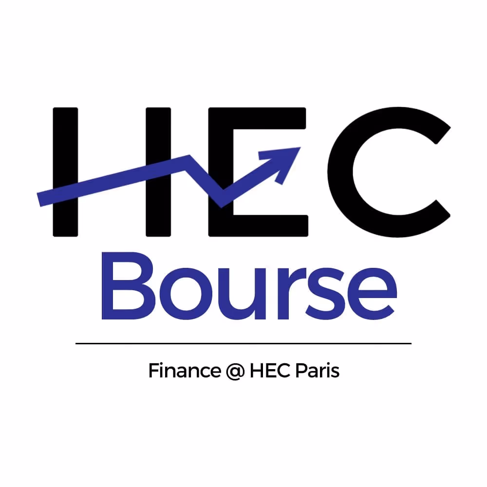 Logo HEC Bourse avec une flèche ascendante et texte Finance @ HEC Paris.