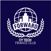 Logo blanc du club finance CY Tech avec un globe et des bâtiments, texte Forward au centre.