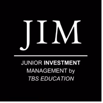 Logo JIM avec le texte Junior Investment Management par TBS Education sur fond noir.