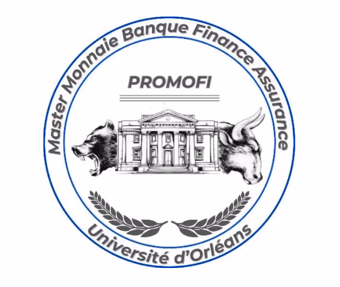 Logo PROMOFI avec un ours à gauche, un taureau à droite, un bâtiment au centre et texte circulaire.