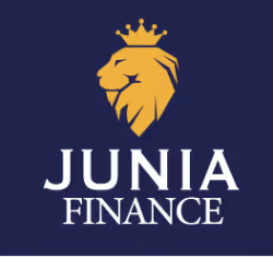 Logo JUNIA FINANCE avec tête de lion dorée couronnée sur fond bleu foncé.