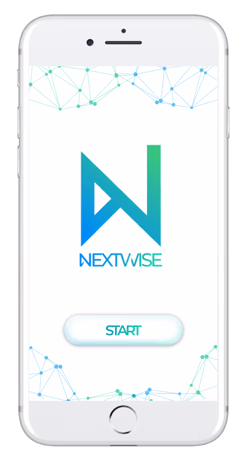 Écran d'accueil d'une application mobile avec logo Nextwise et bouton démarrer.