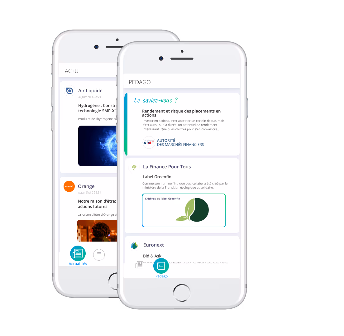 Deux smartphones affichant des actualités et des contenus pédagogiques financiers en français.