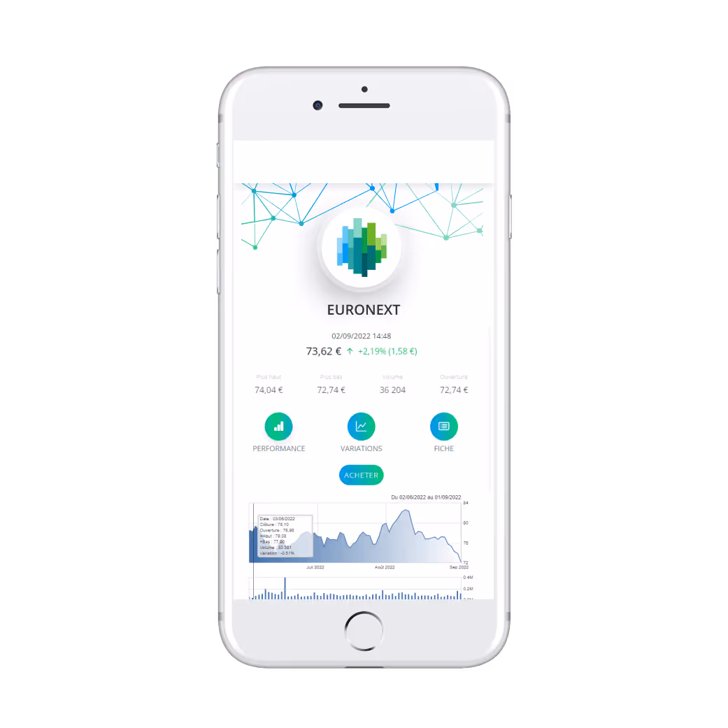 Écran de smartphone montrant les données boursières d'Euronext avec graphique et options d'achat.
