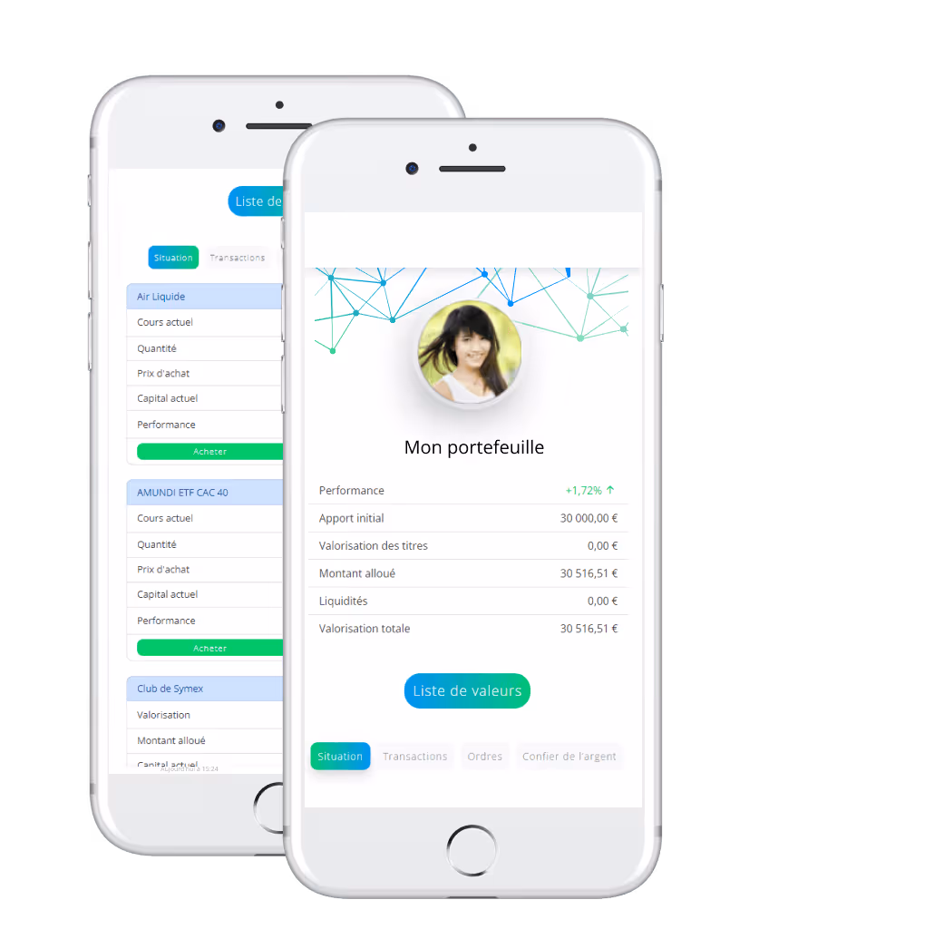 Deux smartphones affichant une application de portefeuille financier avec liste de valeurs et performance.